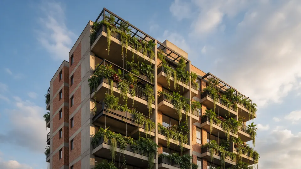 Fachada de edificio residencial con jardines verticales en Medellín