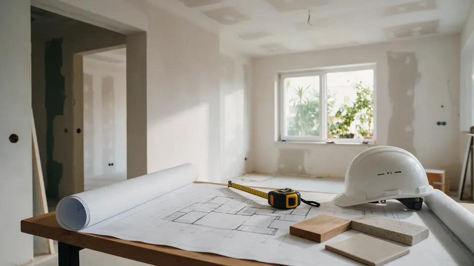 Planos, casco y muestras de materiales para la remodelación de un apartamento