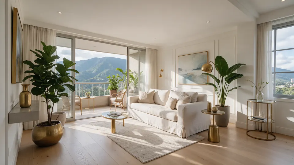 Sala luminosa de apartamento moderno con plantas y vista a las montañas en El Poblado, Medellín